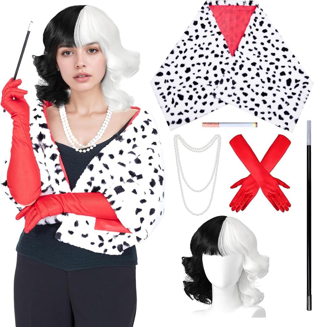 Full Set Women Cruella Cosplay Costume Dalmatian Shawl Black White Coat Dress Up Cosplay with Wig Gloves Necklace Rod