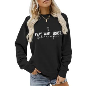 Christian Juses Sweatshirt for Women God Cross Religious Faith Hoodie Bible Verse Pray Wait Trust Graphic Shirt (X-Large, Black)