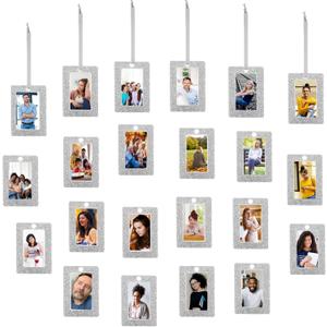 Queekay 48 Pieces Christmas Photo Ornament Frames 2 x 3 Inch Hanging Picture Xmas Gifts Glitter Mini Frames with Ribbon DIY Crafts Hanging on Christmas Trees Easter Wedding Decorations(Silver)