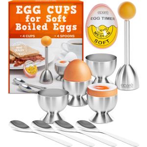 Epar Egg Cups for Soft Boiled Eggs with Spoons & Egg Timer - Stainless Steel Egg Topper - Durable Egg Opener Topper Cutter - Giftable Egg Cracker Tool for English Breakfast
