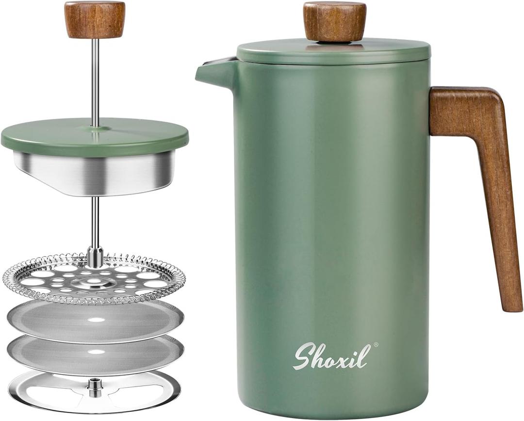 French Press Coffee Maker, 34oz Stainless Steel Green Coffee Press Real Wood Handle, Double Wall Insulated French Coffee Press with Dual-Filter Screen, Perfect for Camping & Kitchen  broken