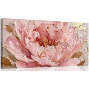 Large 2D Pink Peony Canvas Wall Art, Modern Pink and Gold Floral Poster Print Artwork, Elegant Abstract Flower Painting Picture Wall Decor, Ready to Hang for Living Room Home Decoration 40x20in