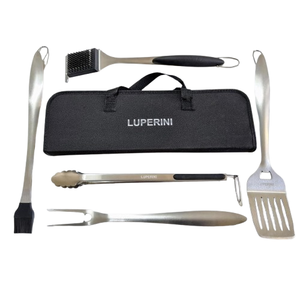 LUPERINI. Barbecue Tool Set. 5-Piece Stainless Steel Grill Tool Set with Case. Turner Spatula, Fork, Spice Brush, Tong and Cleaning Brush for Restaurant, Hotel, Kitchen and Gift. Grilling Accessories.