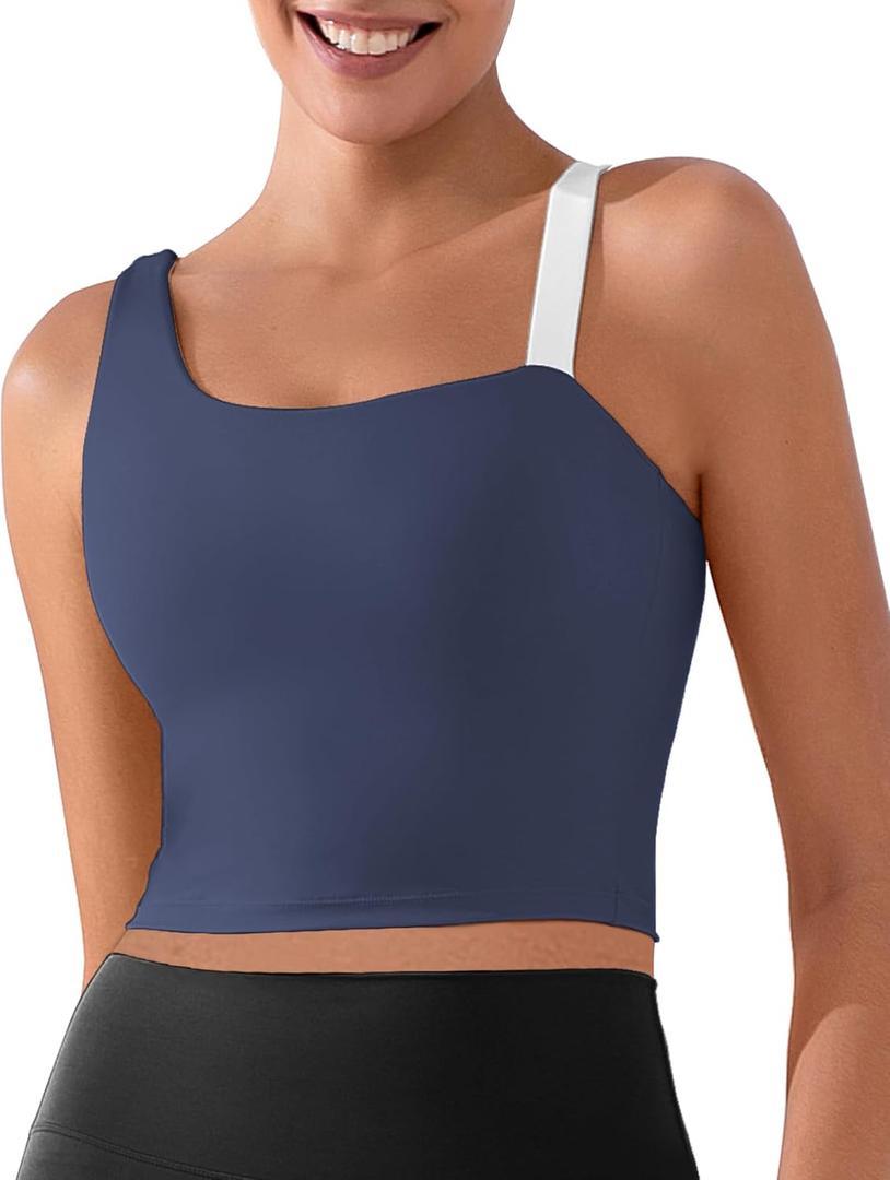 XUNYU Longline Sports Bras for Women One Shoulder Workout Tank Tops Built in Bra Open Back Yoga Top Athletic Gym Shirt (S)
