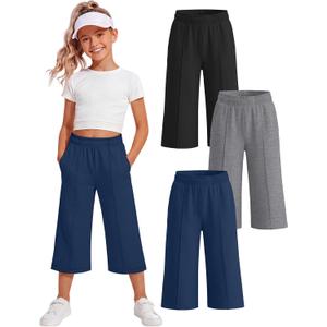 3 Pack Girls Capri Pants with Pocket, Summer Wide Leg Pants, Back to School Clothes for Kids Teen 5-14 Y