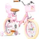 Girls Bike with Basket for Toddlers and Kids Aged 3-14, 12 14 16 18 Inch with Training Wheels, 20 Inch with Kickstand & Rear Rack, Princess Style Bicycle with Doll Seat & Daisy Prints for Gift (Pink)
