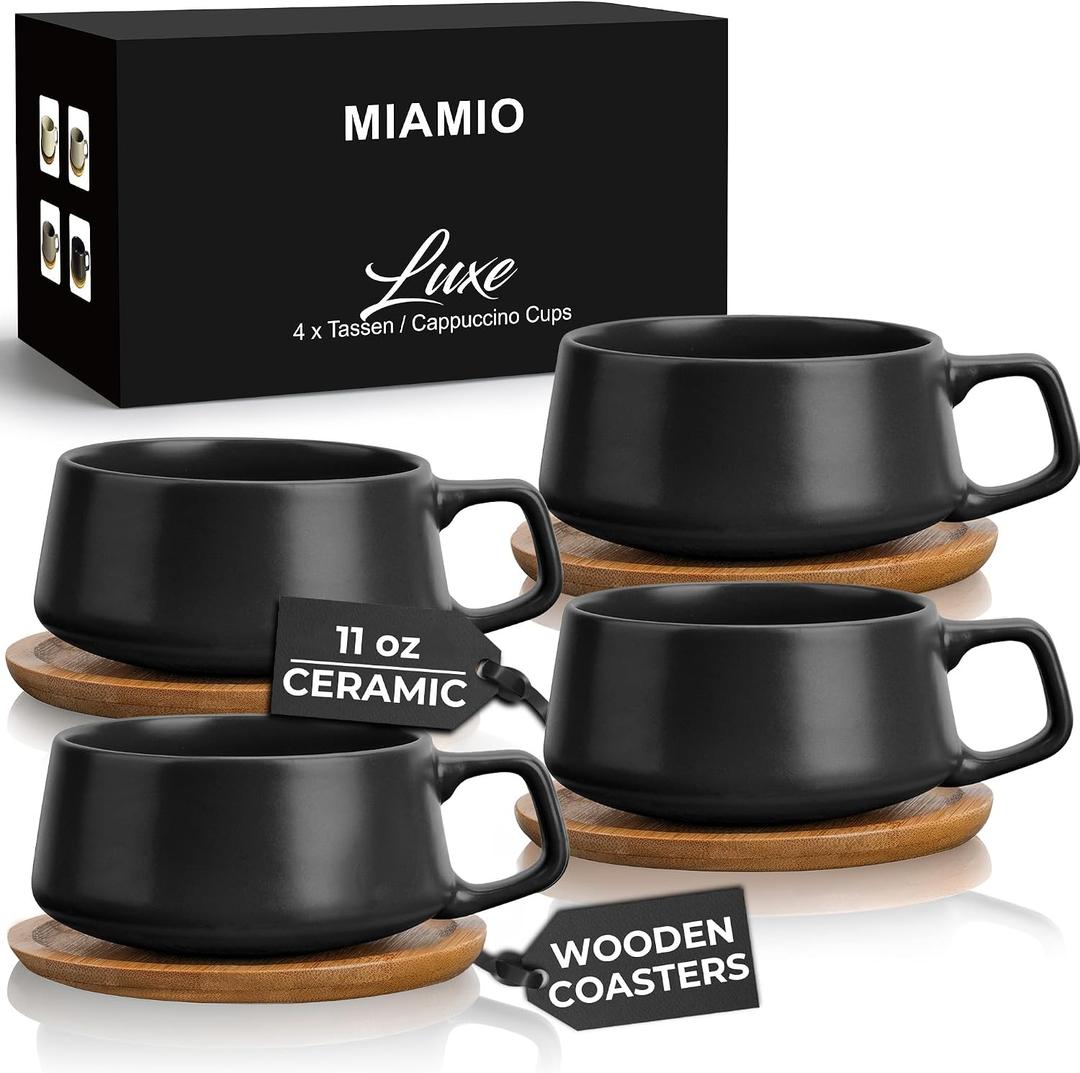 MIAMIO 11 Oz., Set of 4 Ceramic Tea Cup and Saucer Bamboo/Tea Mug - Wide Cappuccino Cup, Coffee Cups Ceramic Mug for Cappuccino, Latte, Espresso & Americano - Luxe Collection (Black)