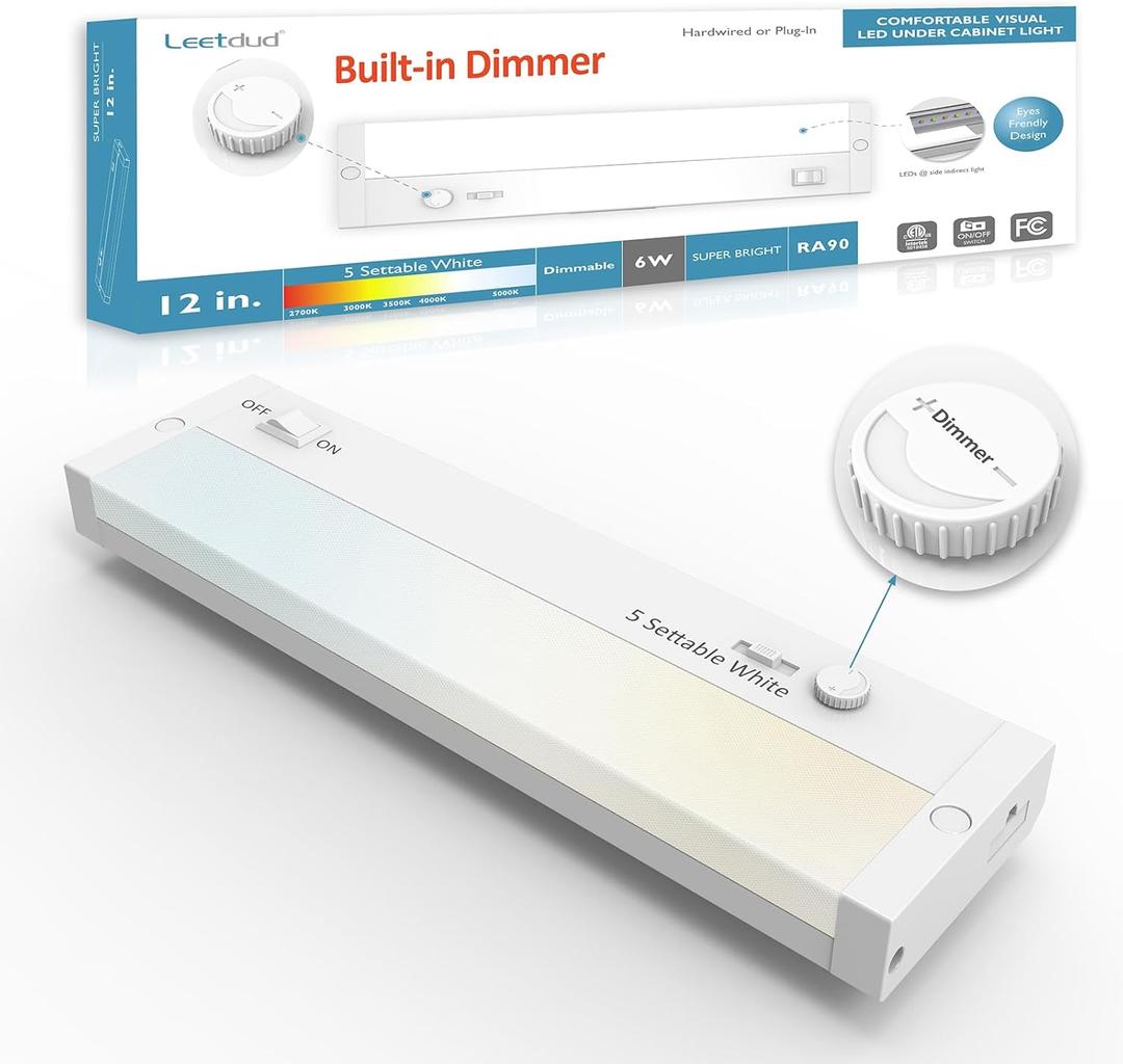 Under Cabinet Lighting Plug in or Hardwired Built-in Dimmer, 12 Inch 6W, 5CCT 2700/3000/3500/4000/5000K, Linkable Counter Lights for Kitchen, ETL Dimmable LED Light Fixture, White