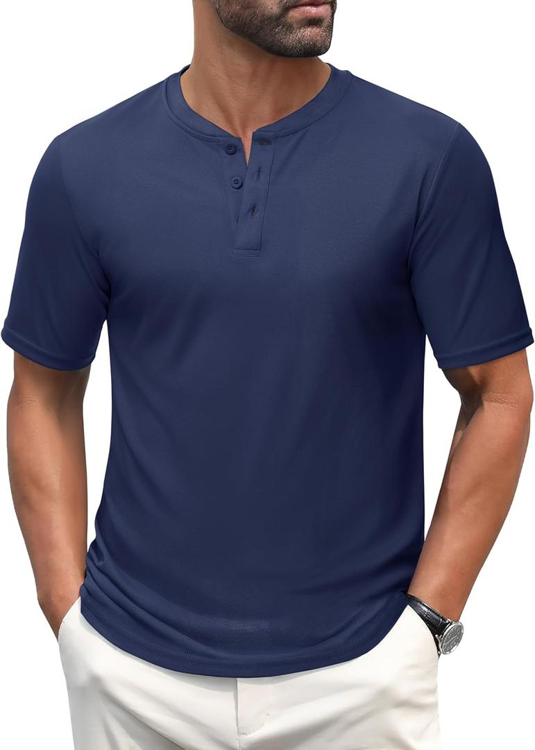 MAGCOMSEN Men's Henley Shirts Short Sleeve Casual Collarless Shirt Quick Dry Summer T-Shirts Golf Workout Tops (Blue, XL)
