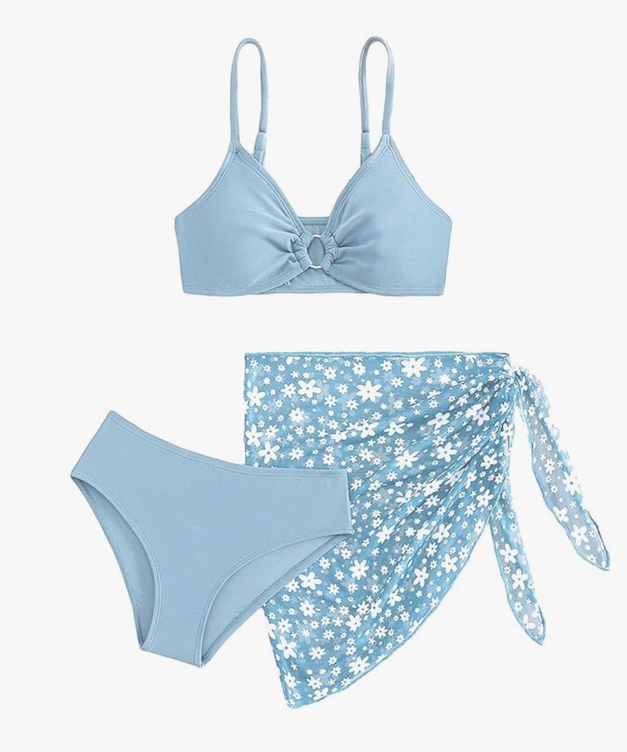 COZYEASE Girls' 3 Piece Bikini Set Ditsy Floral Print Wireless Swimsuit with Beach Skirt, 12-13Y