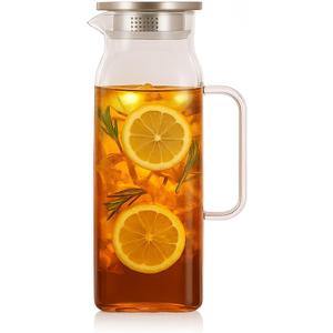 Glass Water Pitcher with Lid and Spout, 2L/68 Ounces Heat Resistant Borosilicate Glass Carafe, Temperature Safe