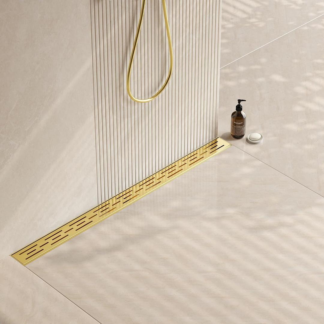 Neodrain 36-in Brushed Brass Rectangular Linear Shower Drain with Brick Pattern Grate, 304 Stainless Steel Bathroom Floor Drain, Gold Linear Drain with Hair Strainer,CUPC Certified