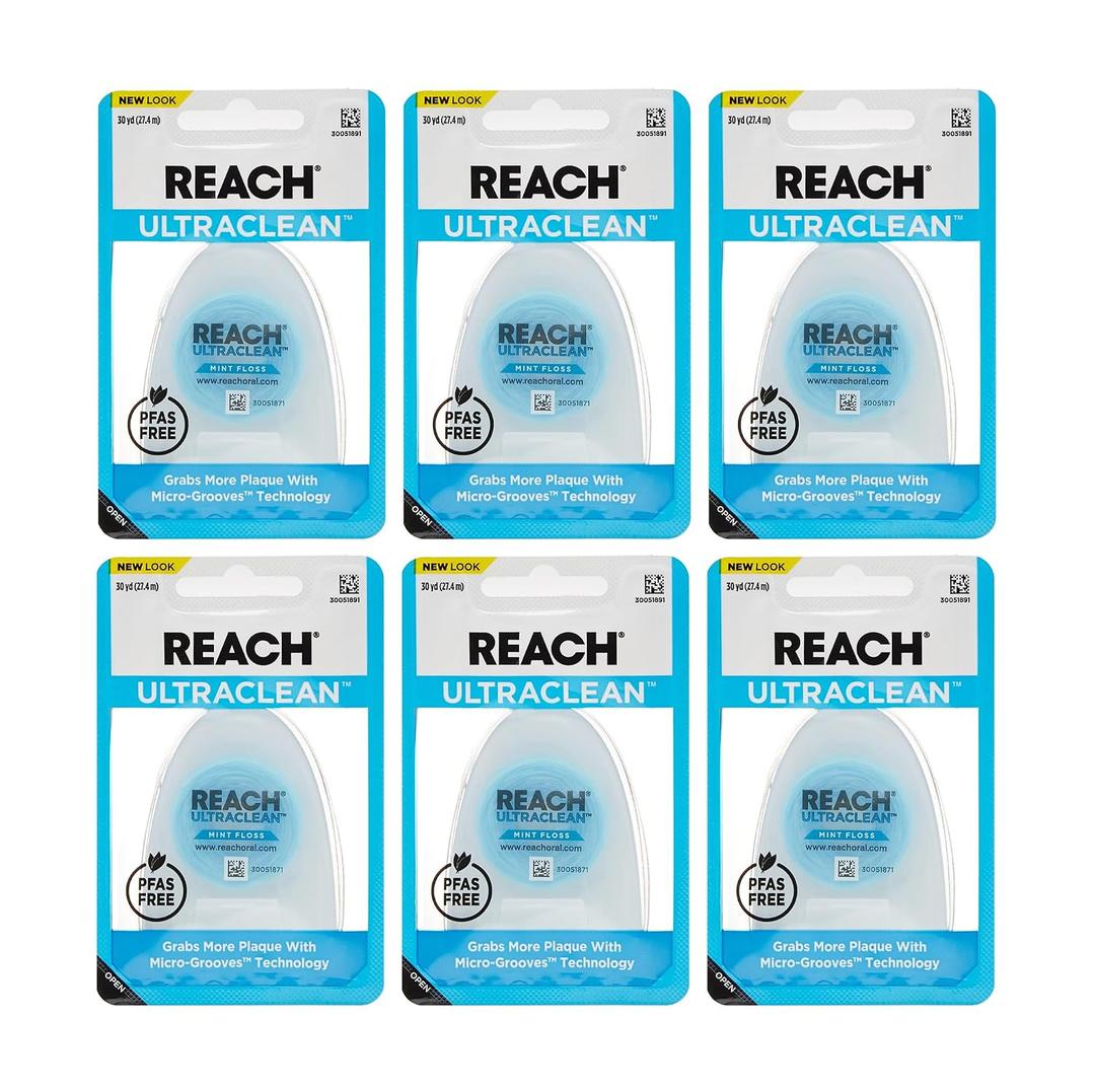 REACH Ultraclean Dental Floss, Mint, Plaque Remover for Teeth, Shred Resistant, Waxed, Easy on Gums & Teeth, Mint, Oral Care, PFAS Free, for Adults & Kids, 6 Pack, 30 yd
