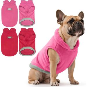 Idepet 2 Pack Dog Fleece Vest Sweater Warm Pullover Jacket with D-Ring Leash Reflective Winter Coat Hoodie for Puppy Cat French Bulldog Pug Chihuahuas Yorkies Dachshunds (Red&Rose Red, XX-Large)