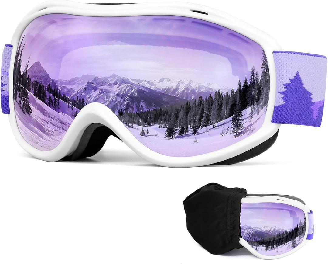FMY Ski Snowboard OTG Goggles,Anti Fog UV400 Protection Skiing Snowmobile Goggles for Men Women Youth (White Frame/Purple Lens(vlt 61%))