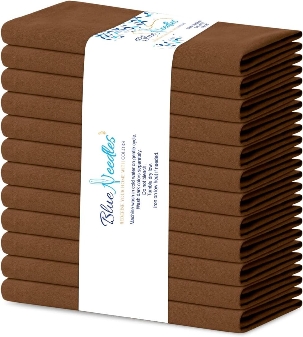 Blue Needles Solid Cloth Napkins Set of 12 Nut Brown 100% Cotton Dinner Napkins 18x18 inches - Soft, Reusable, Absorbent & Washable Linen, Ideal for Christmas Events, Parties & Everyday Use