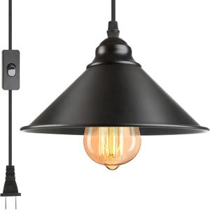 Black Plug in Pendant Light, 1 Pack Industrial Hanging Lamp Black Vintage Pendant Lighting Fixtures with 15ft Cord On/Off Switch for Kitchen Island Dinning Hall Bedroom