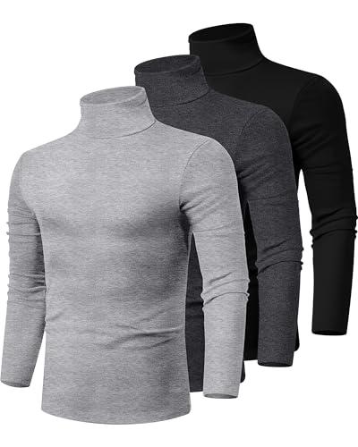 Ficerd 3 Pack Men's Turtleneck Shirts, Long Sleeve Cotton Pullover Sweaters Mock Neck Knitted T Shirt Basic Slim Fit Tee Tops(Black, Dark Gray, Light Gray,XX-Large)