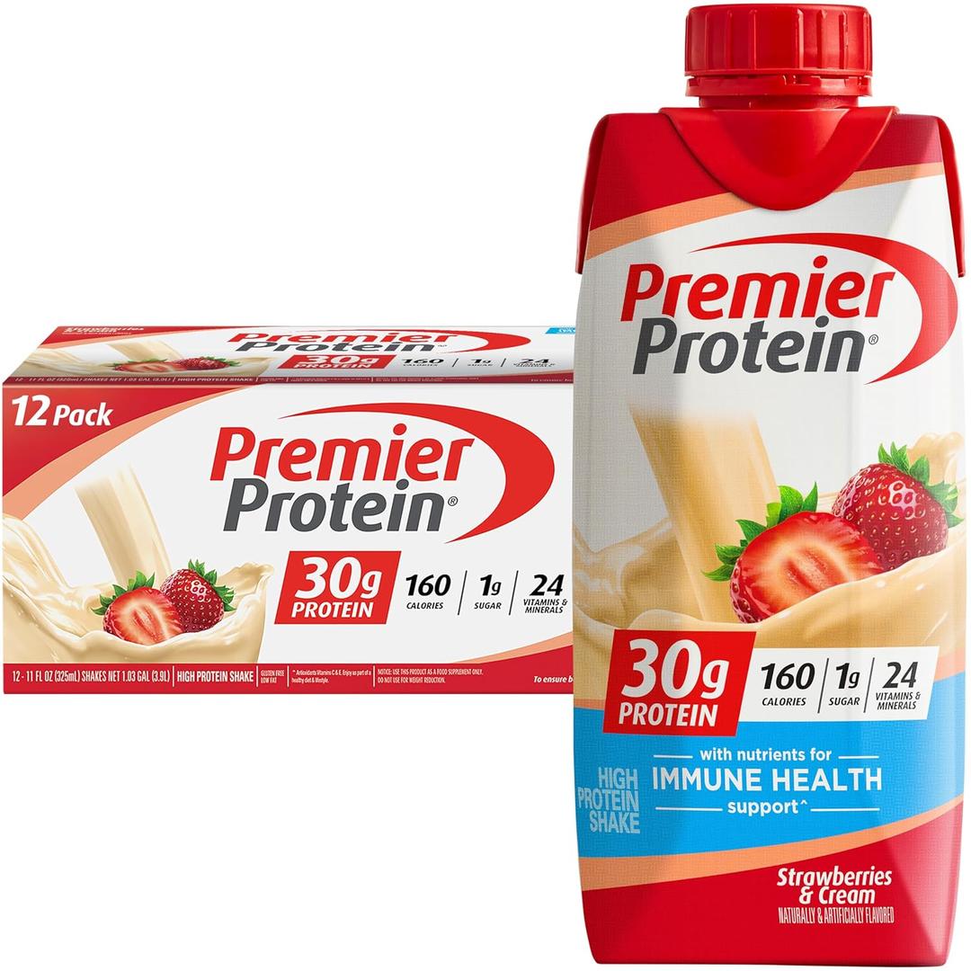 Premier Protein Protein Shake, Strawberries & Cream, 30g Protein, 1g Sugar, 11 fl oz Pack of 12, BB Date 12 APR 2026