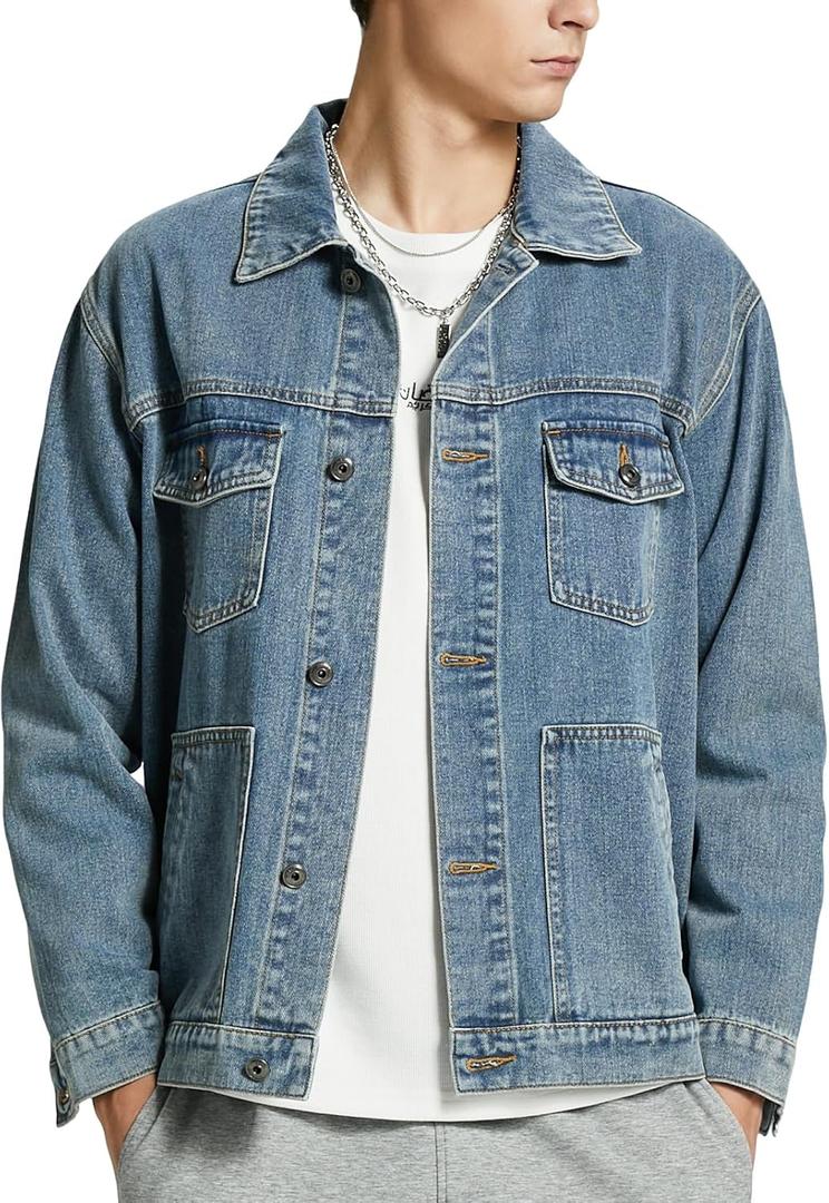Denim Jacket Men Vintage Autumn and Winter Tops Mens Denim Trucker Jacket, XL