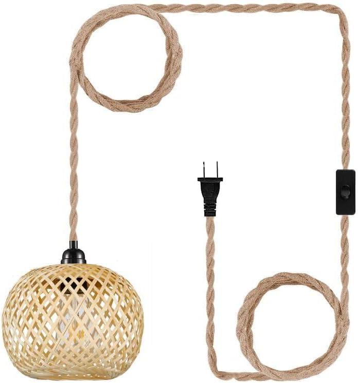 Boho Plug in Pendant Light Wicker Rattan Hanging Lights with 15ft Hemp Rope Cord MINI Bamboo Lampshade Wall Lighting Fixture Swag Lamp for Kitchen Island Farmhouse Living Dining Room Bedroom