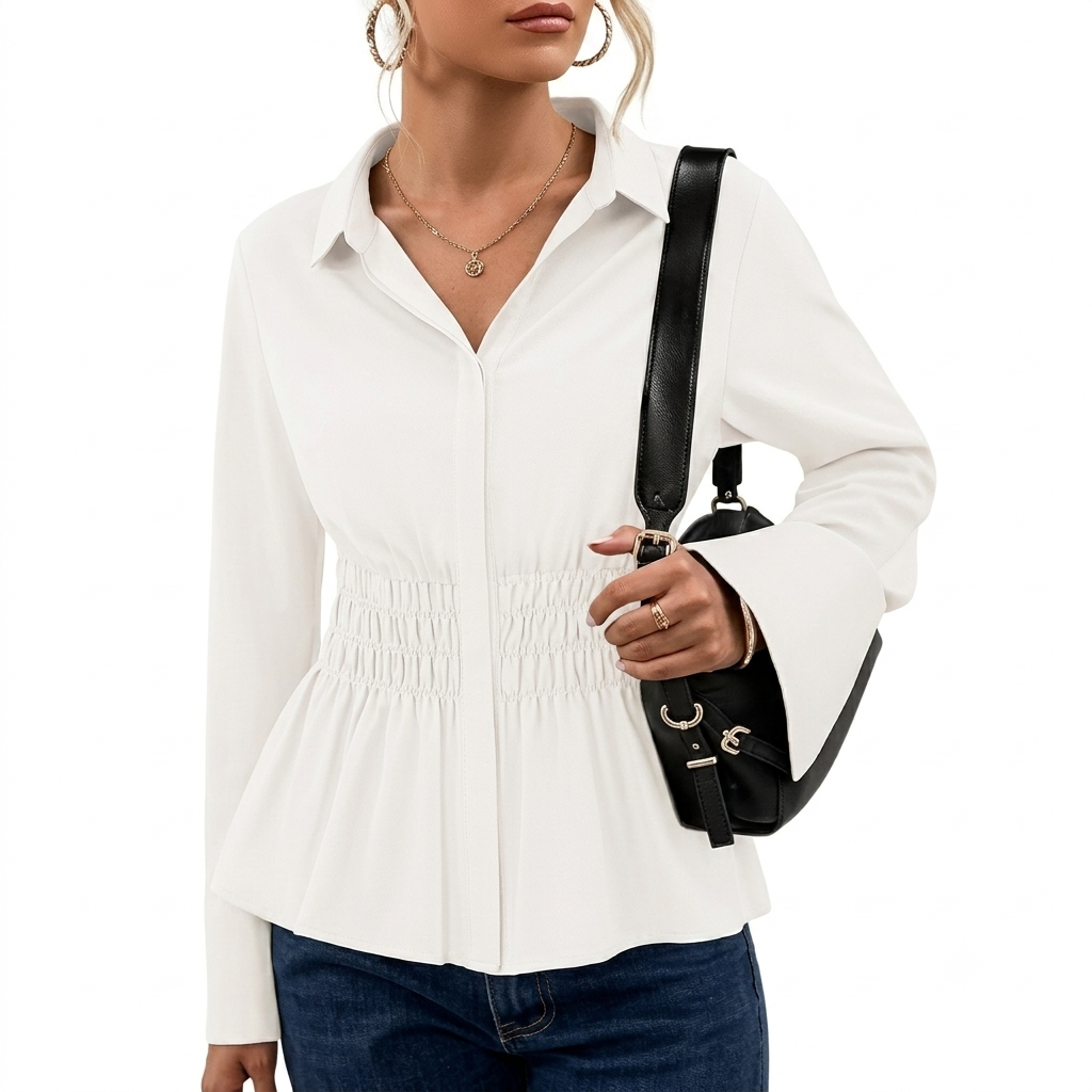 ZESICA Womens 2026 Spring Long Sleeve Blouse Business Dressy Casual Button Down Shirts Peplum Tops Fashion Trendy Clothes White Medium