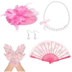 Fumwase 5 Pcs Tea Party Supplies Garden Party Gloves Hats Necklace Earrings Party Afternoon Tea Accessories Wedding for Women (Pink)