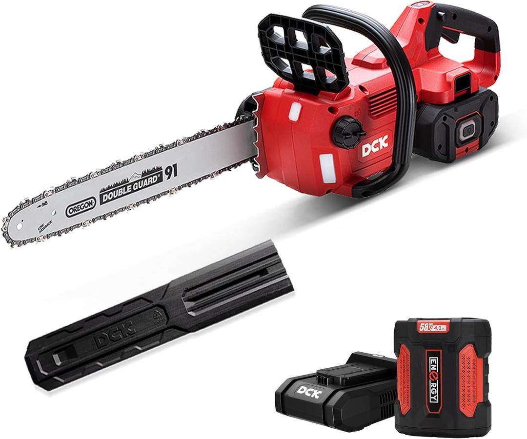 DCK 58V Cordless Chainsaw 16 Inch, Brushless Electric Chain Saw with 4.0Ah Battery & 5A Charger, Oregon Bar, Mechanical Brake & LED Light for Tree Trimming & Wood Cutting (KDCS58161BDM)