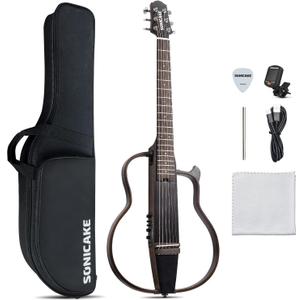 SONICAKE Acoustic Electric Travel Guitar, Portable Practice Guitar Kit, Solid Mahogany Body, Easy Assemble Frames, Multi Body-Shape Sim Rechargeable Preamp, Gig Bag, All Accessories QGT-01