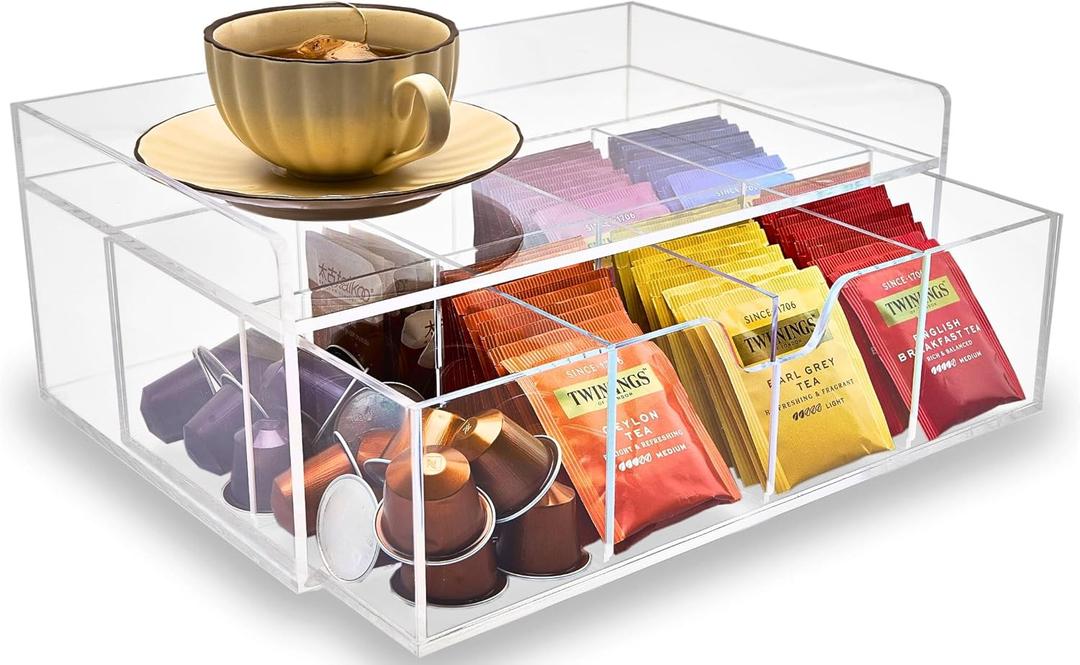 Acrylic Tea Station Organizer for Countertop - Tea Bag Organizer Drawer, Clear Lucite K Cup and Coffee Pod Storage box with 8 Compartments, Tea Caddy Creamer Holder Display Stand