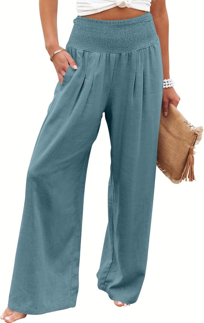 ANRABESS Women Linen Palazzo Pants Summer Boho Wide Leg High Waist Casual Lounge Pant 2025 Beach Travel Vacation Outfits (Medium, Lake)