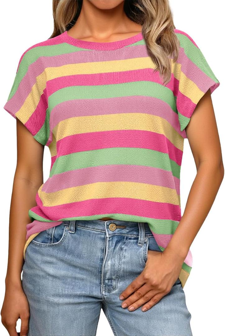 Saodimallsu Womens Striped Short Sleeve Tops Summer Casual Color Block Crew Neck Lightweight Loose Knit Shirts (Small, Pink)