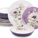Bico Purple Poppy Ceramic 12 pcs Dinnerware Set, Service for 4, Inclusive of 11 inch Dinner Plates, 8.75 inch Salad Plates and 35oz Dinner Bowls, for Party, Microwave & Dishwasher Safe