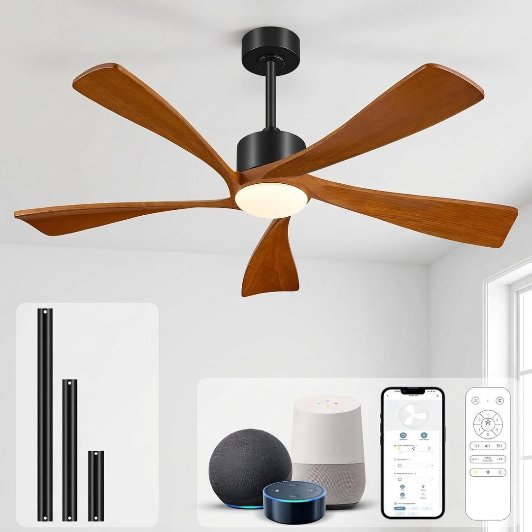 60" Smart Ceiling Fan with Light, Alexa/App/Remote Control 5 Blades Walnut
Dimmable 3CCT, Timer, 6 Speeds, ETL Listed, Reversible DC Motor, Solid Wood Fans, Modern Outdoor Ceiling Fan for Patio Indoor