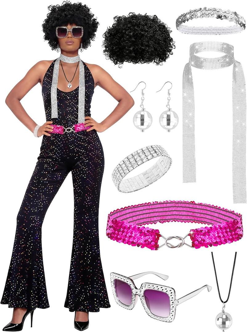 VillbeCoser 70s Disco Outfits for Women Retro Jumpsuit Costume Set 1970s Accessories Glasses Wig Halloween Party (Large, Black)