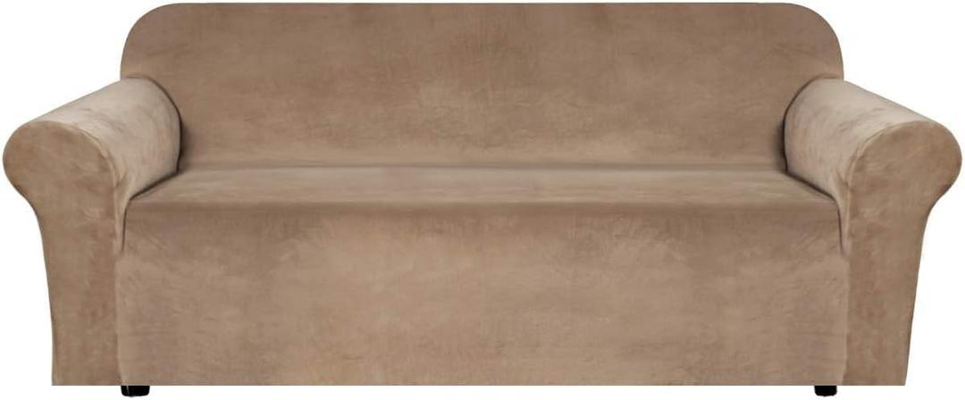 H.VERSAILTEX Stretch Velvet Sofa Covers for 3 Cushion Couch Covers Furniture Protector Soft with Non Slip Elastic Bottom, Crafted from Thick Comfy Rich Velour (Large Sofa 90"-97", Camel)
