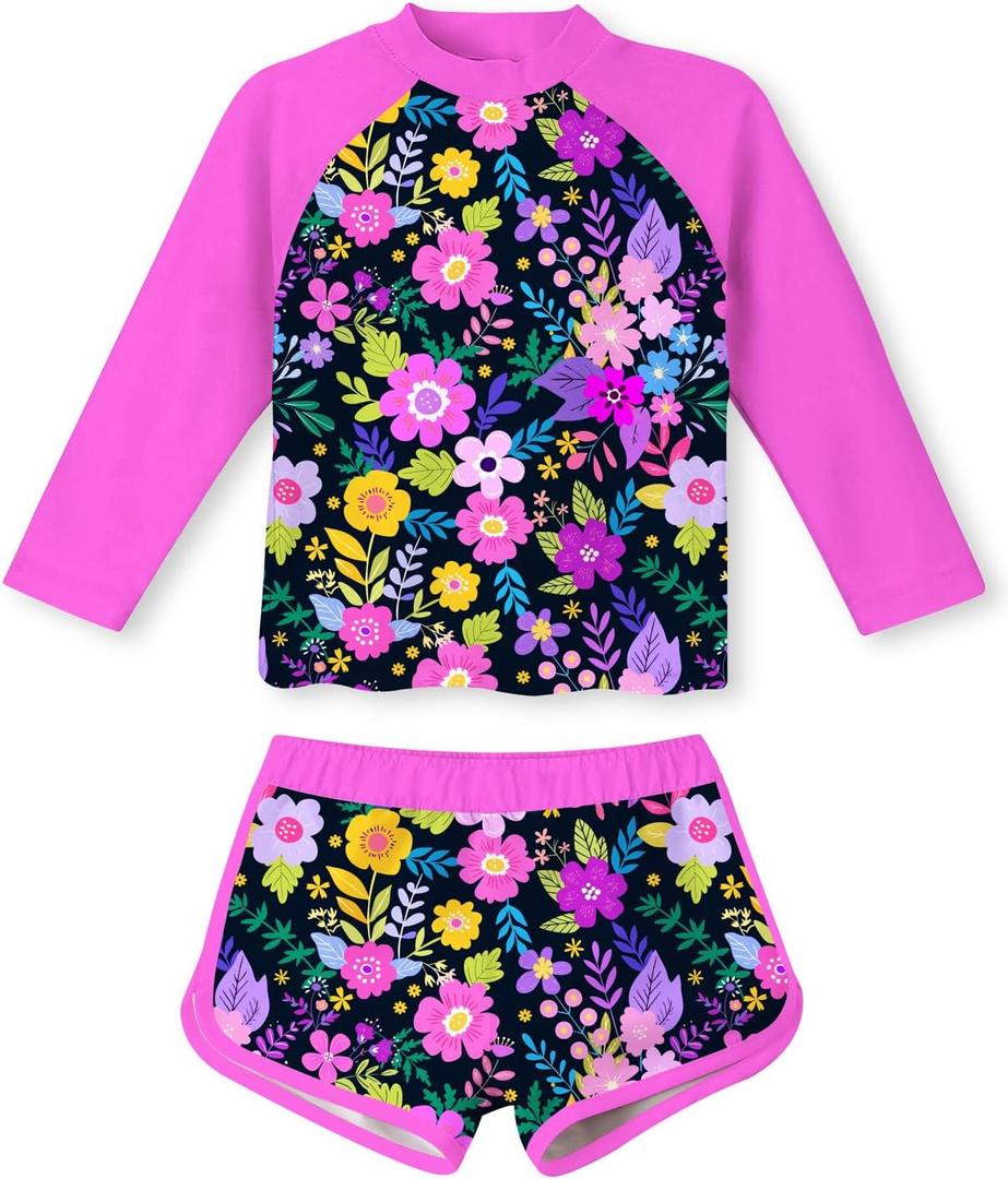 Vogseek Girls Rash Guard Two Pieces Swimsuit Long Sleeve Bathing Suit (5-6 Years, Q-pink 4)