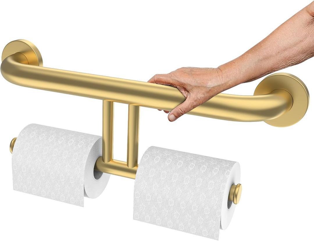Brushed Gold Grab Bar for Bathroom 17 Inch, Zepolu Stainless Steel 2-in-1 Safety Handrail w/Double Toilet Paper Holder, Wall Mounted Balanced Support Bar Assist Handle for Senior Elderly Handicap