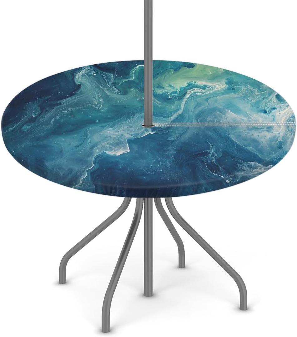 Turquoise Marble Round Fitted Tablecloth with Umbrella Hole and Zipper, 36"-44" Outdoor Elastic Table Cloth Oil-Proof Waterproof Patio Table Cover for Picnic Party Camping