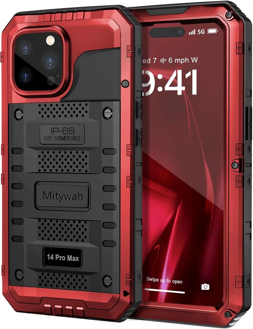 Mitywah Waterproof Case for iPhone 14 Pro Max, Heavy Duty Shockproof Case with Built-in Screen Protector, Full Body Underwater Protective Metal Case 6.7 inch, Red