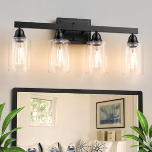 VOLISUN Matte Black Bathroom Light Fixtures, 4-Light Bathroom Vanity Light Over Mirror, Modern Vanity Lights for Bathrooms, Bathrooms Lights Fixtures Over Mirror with Clear Glass Shades