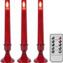 GenSwin LED Flameless Taper Candles with Remote Timer, 3 Pcs Red Window Taper Battery Operated Candles with Base and 3D Wick, Flameless Candlesticks for Wedding Party Home Decor(0.78 x 7.87)