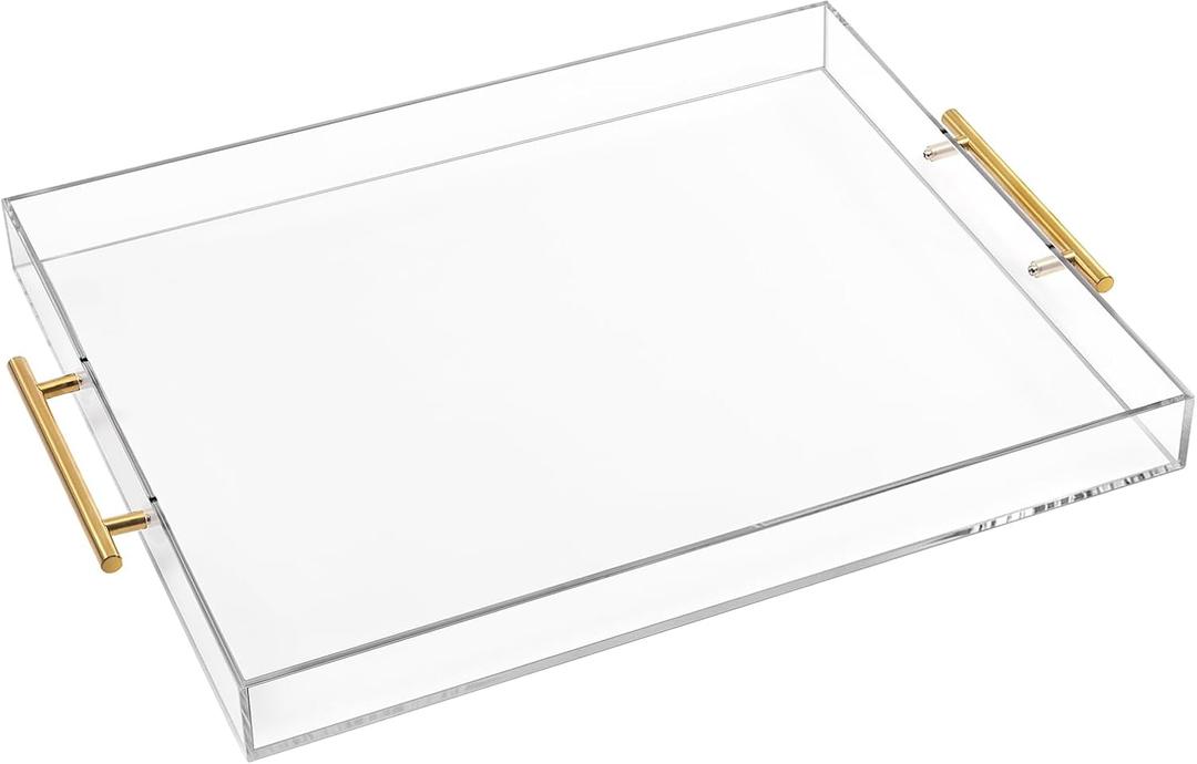 Large Clear Acrylic Serving Tray (1418 Inches) with Gold Handles Spill Proof Acrylic Decorative Tray Organiser for Ottoman Coffee Table Countertop
