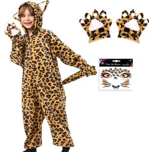Leopard Costume for Kids, Flannel Cheetah Onesie with Hood & Claw Gloves, Face Stickers, Cat Costume for Girls & Boys (M(5-6y))