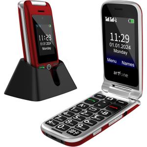 artfone G6 Flip Phone for Seniors, 4G Unlocked Basic Phone, 2.4"+1.8" Screen, SOS Button, Speed Dial, Hans-Free, Big Buttons, Bluetooth, Camera, FM Radio, Charging Dock, Voice Time, Caller-ID, Red