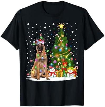 Lighting Xmas Tree Santa Belgian Malinois Dog Christmas Men Women Kids T-Shirt Extra Large, Black 
