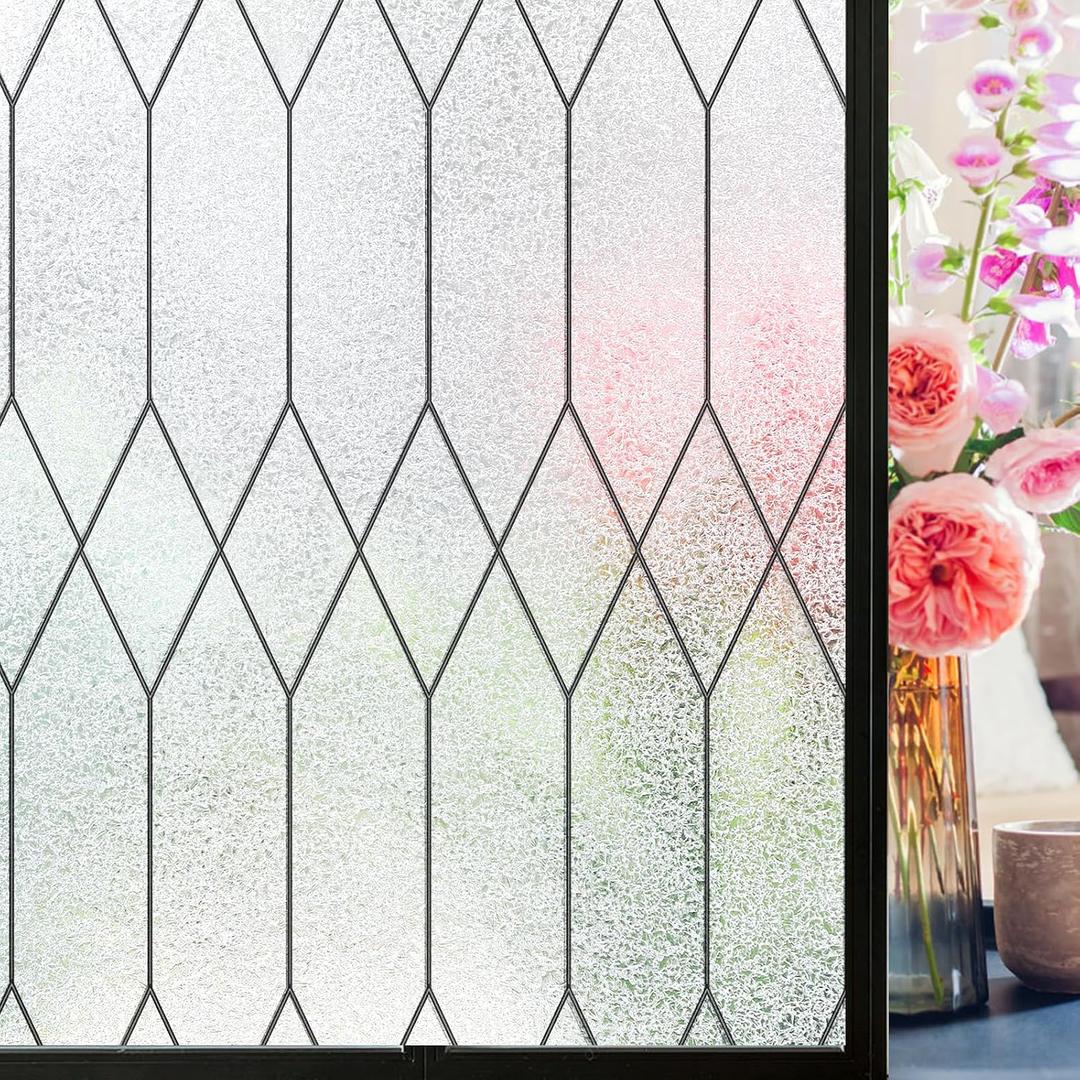 Windimiley Window Privacy Film Stained Glass Static Clings, Bathroom Frosted Leaded Decorative Window Stickers, UV Heat Blocking Opaque Removable for Home Door Coverings (29.5 x 78.7in,Pure)