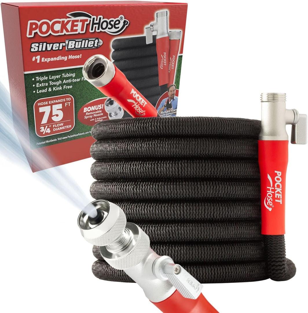 Pocket Hose Silver Bullet 2.0 Expandable Garden Hose 75-FT with Turbo Shot Nozzle, AS SEEN ON TV, Lead-Free, Solid Aluminum Connectors, Easy On/Off Valve, Kink-Free, Leak-Proof