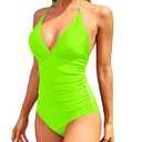 Women's Plunge V Neck Push Up One Piece Swimsuit-Neon Green , XL