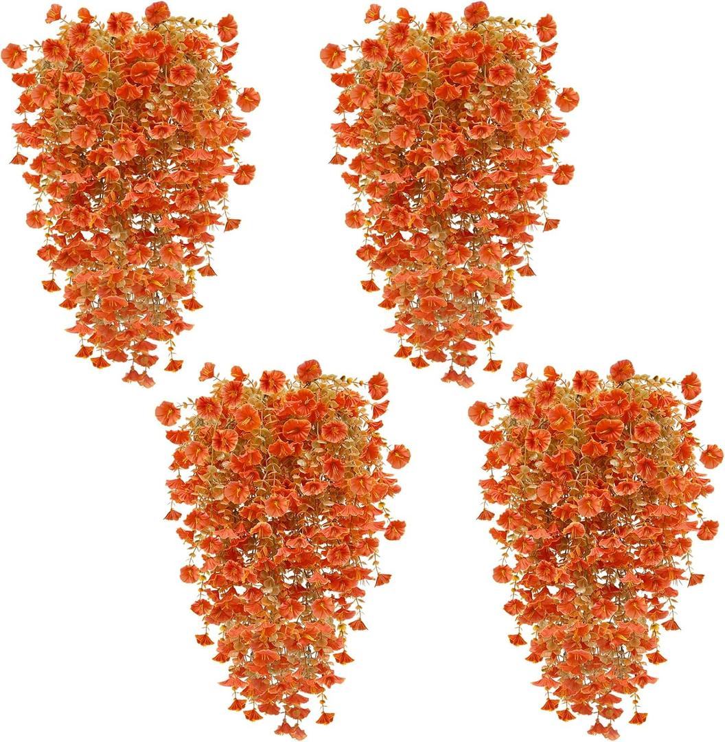 TURNMEON 4 Pcs Artificial Hanging Flowers for Outdoors Decorations Faux Flowers Plants for Outdoors, Silk Morning Glory with Eucalyptus Look Real UV Resistant for Home Yard Porch Outdoor(Orange)
